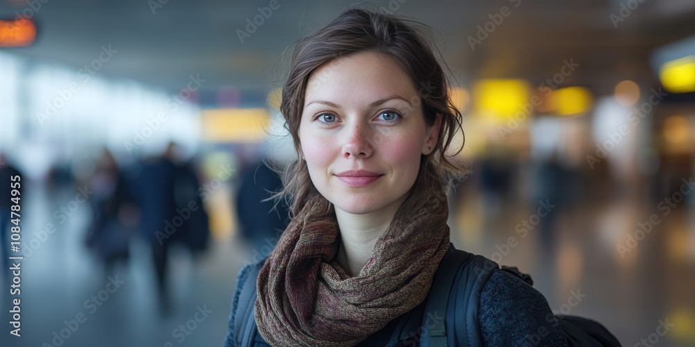 Confident Young Woman at Airport Terminal with Soft Smile and Scarf Confident Young Woman at Airport Terminal with Soft Smile and Scarf