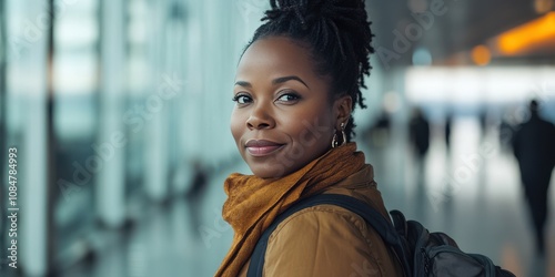 Professional headshot photo of a 35 year old Black female traveler against airport terminal background