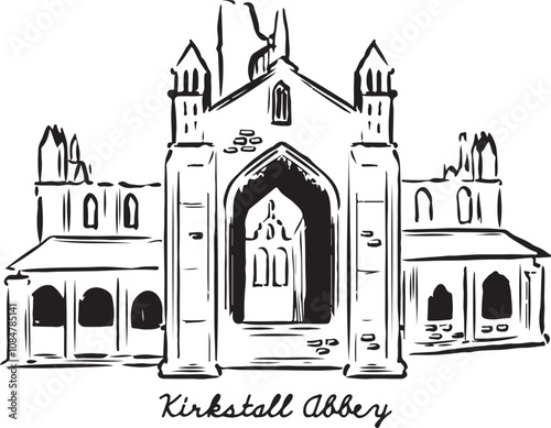 Kirkstall Abbey ink illustration. Medieval historical architecture house sketches. UK landmark vector illustration. Architecture minimal drawings in black and white. Isolated on white