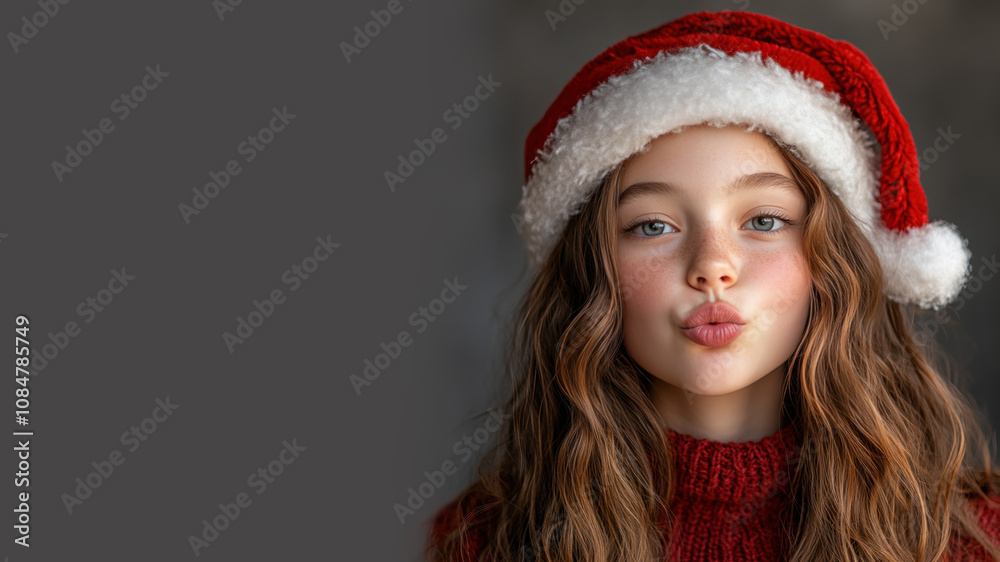 French girl student blowing a kiss in christmas wear and santa hat isolated on gray French girl student blowing a kiss in christmas wear and santa hat isolated on gray