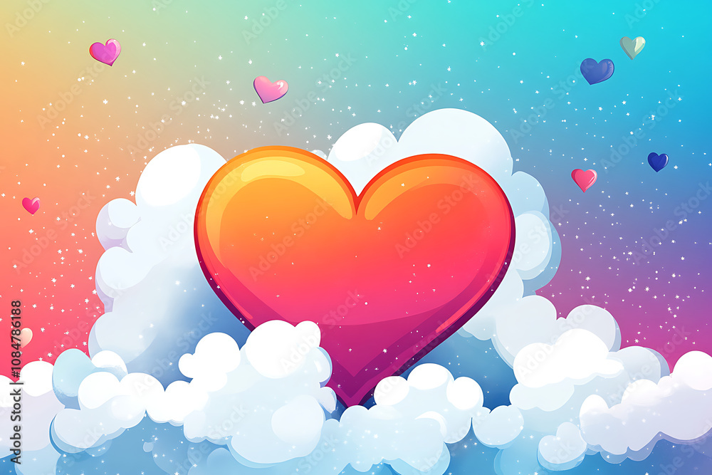 A vibrant heart floats among colorful clouds in a dreamy sky.