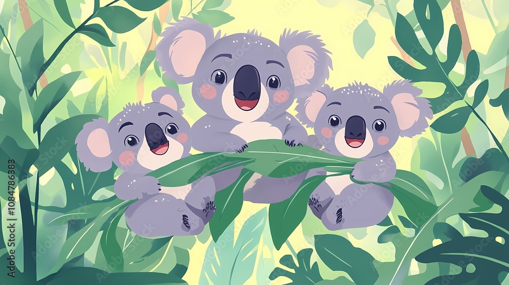 Three cute koalas holding leaves in a vibrant, tropical setting.