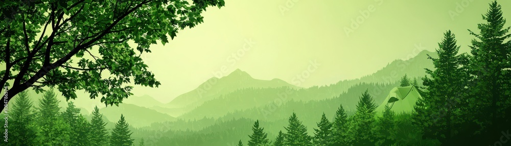 Fototapeta premium Serene green mountains under a soft, hazy sky, surrounded by lush trees and tranquility.