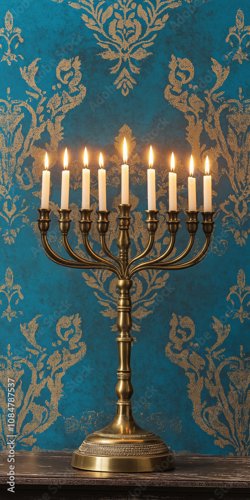 Fototapeta premium Graceful brass menorah with lit candles, resting on a dark wooden surface. The backdrop is a striking blue wallpaper with a damask-style pattern in gold, featuring intricate, symmetrical, elegant