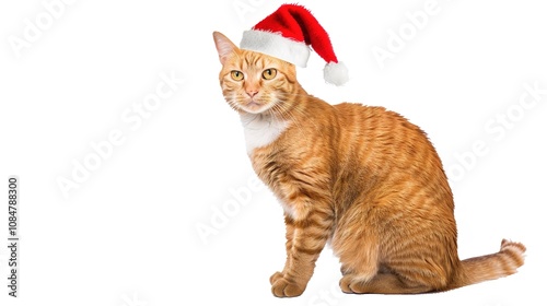 Cute Cat Wearing Santa's Hat Isolated on White Background - A Festive and Adorable Sight. The Fluffy Cat with Its Tiny Santa Hat, Looking Charming and Playful. The White Background Highlights Its Cute