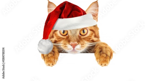 Cute Cat Wearing Santa's Hat Isolated on White Background - A Festive and Adorable Sight. The Fluffy Cat with Its Tiny Santa Hat, Looking Charming and Playful. The White Background Highlights Its Cute