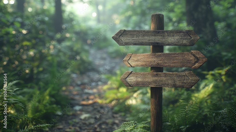 The wooden signs with arrows point in different directions, surrounded by dense green plants, and the soft forest background creates a peaceful and natural atmosphere The wooden signs with arrows point in different directions, surrounded by dense green plants, and the soft forest background creates a peaceful and natural atmosphere