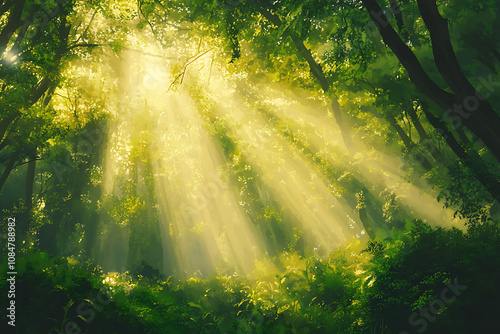 A serene forest scene with sunlight filtering through the trees, creating a tranquil atmosphere.