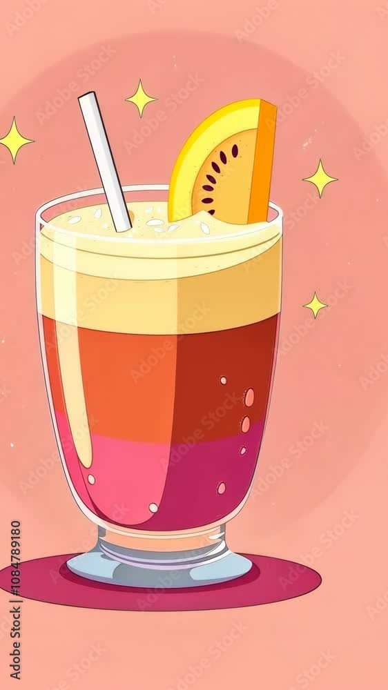 An illustration depicts a tall glass filled with a vibrant three-layered smoothie An illustration depicts a tall glass filled with a vibrant three-layered smoothie