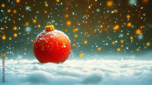 Red Christmas bauble with golden decorative patterns resting on snow, with falling snowflakes and warm bokeh lights creating a magical winter atmosphere.