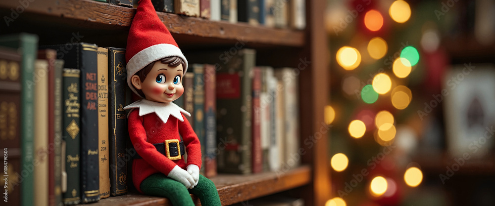 custom made wallpaper toronto digitalChristmas gnome in a cap sitting among books with Christmas lights