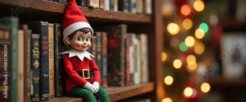 Christmas gnome in a cap sitting among books with Christmas lights