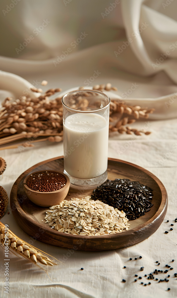 Displaying a wooden plate holding a glass of almond milk enhanced with chia, black sesame, and white sesame seeds as an organic superfood blend for a vegan and natural wellness choice Displaying a wooden plate holding a glass of almond milk enhanced with chia, black sesame, and white sesame seeds as an organic superfood blend for a vegan and natural wellness choice