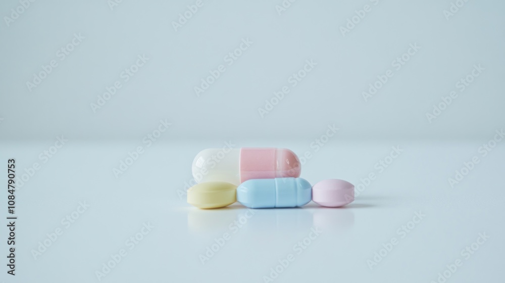 A collection of colorful pills and capsules arranged on a light background. A collection of colorful pills and capsules arranged on a light background.