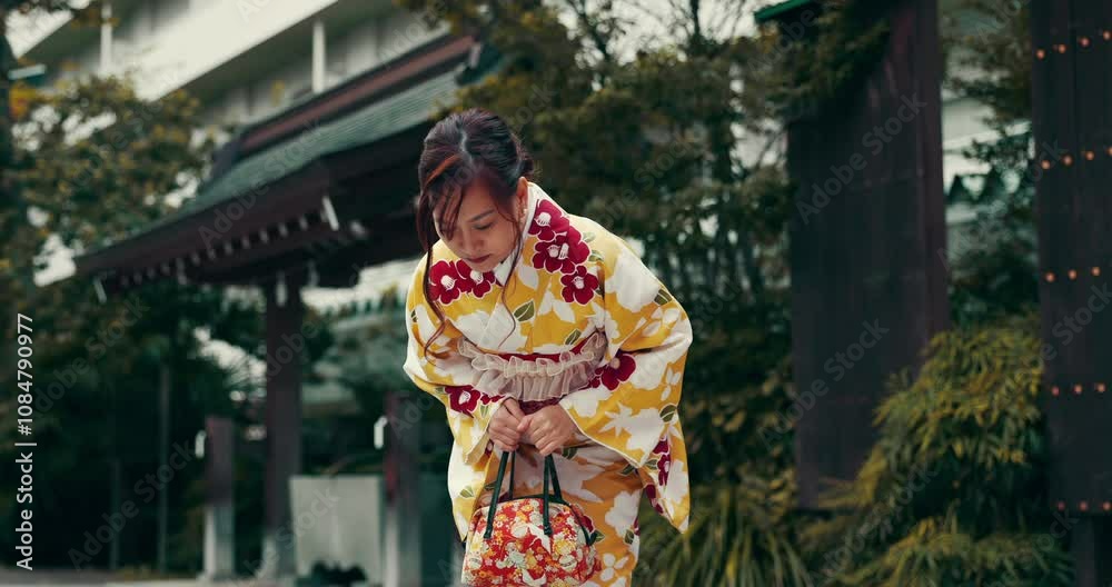 Japanese girl, kimono and bow for culture, gratitude and bag at tea house. Asian woman, traditional and greeting for respect, etiquette and reverence gesture outdoor in nature for zen buddhism ritual