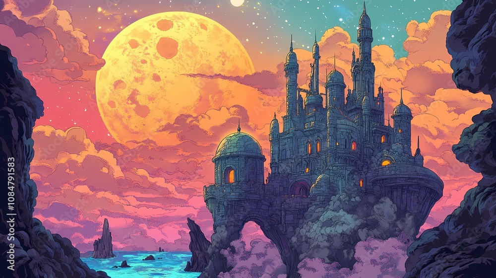 A fantastical castle perched on cliffs under a large, glowing moon and colorful sky. A fantastical castle perched on cliffs under a large, glowing moon and colorful sky.