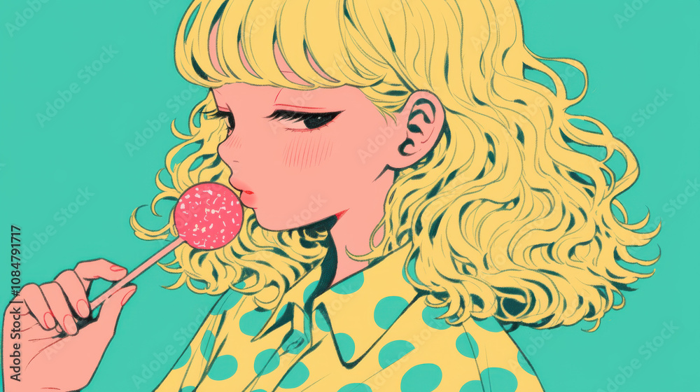 Vector Illustration of a Stylish Woman Blowing Bubblegum Bubbles, Summer Holiday Theme with Colorful Art Patterns and Natural Beauty Backdrop Vector Illustration of a Stylish Woman Blowing Bubblegum Bubbles, Summer Holiday Theme with Colorful Art Patterns and Natural Beauty Backdrop