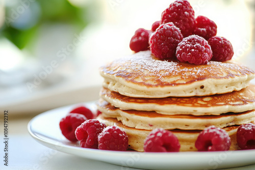 A stack of fluffy pancakes topped with fresh raspberries on a white plate.