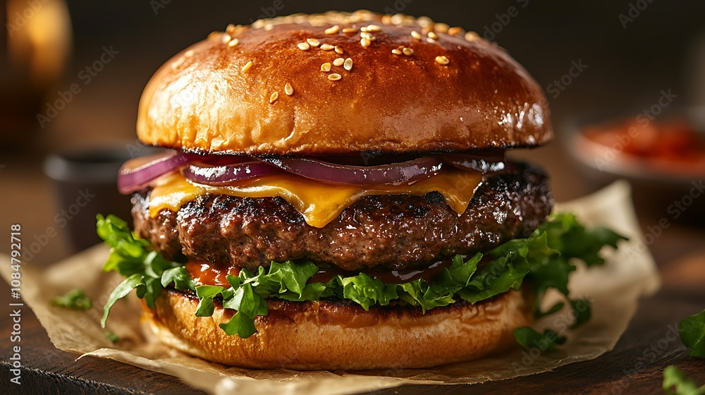 Juicy cheeseburger with fresh toppings on a sesame seed bun. Juicy cheeseburger with fresh toppings on a sesame seed bun.