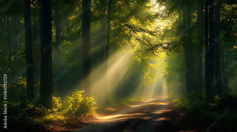 Obraz premium Sunbeams Illuminate Forest Path, Creating Magical Atmosphere, Golden Light Dapples Leaves, Serene Nature Scene