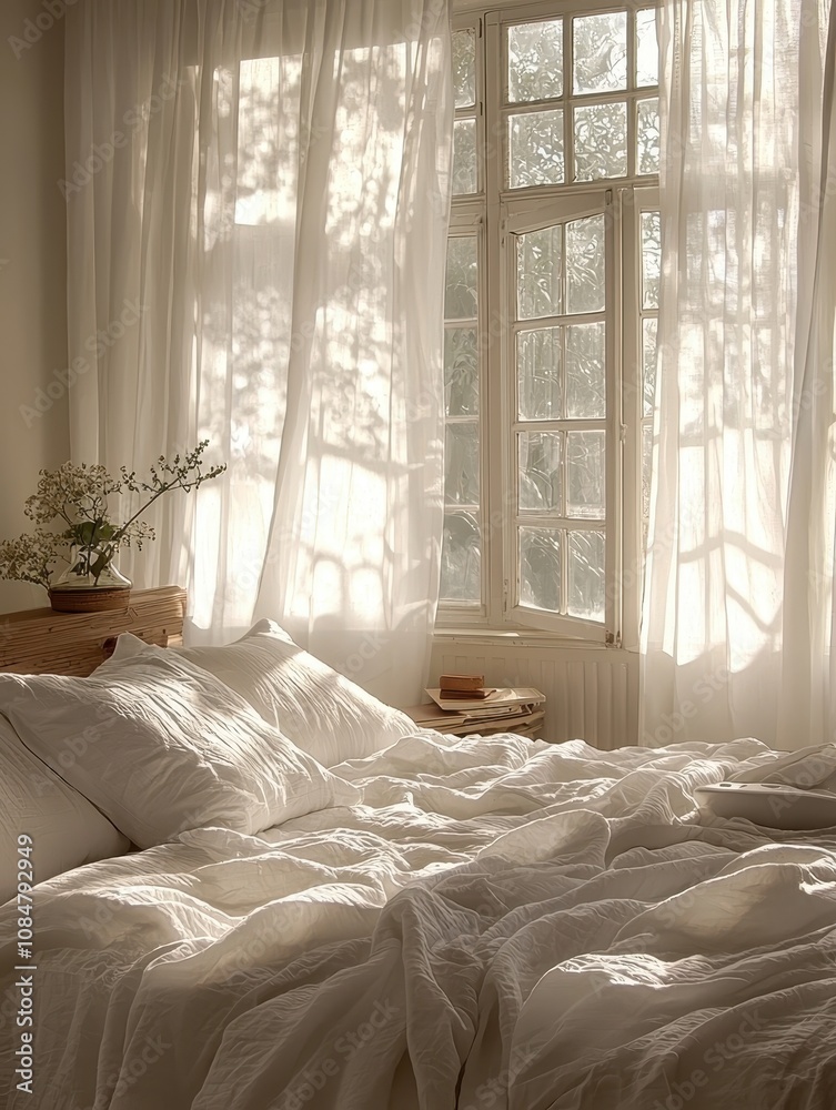 Fototapeta premium Soft Morning Light Filling a Cozy Bedroom with Fresh Linens, White Curtains, and Natural Elements for a Serene and Inviting Atmosphere