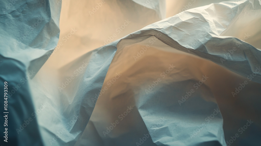 Fototapeta premium Softly crumpled paper with delicate shadows and light during the late afternoon in a subtle setting