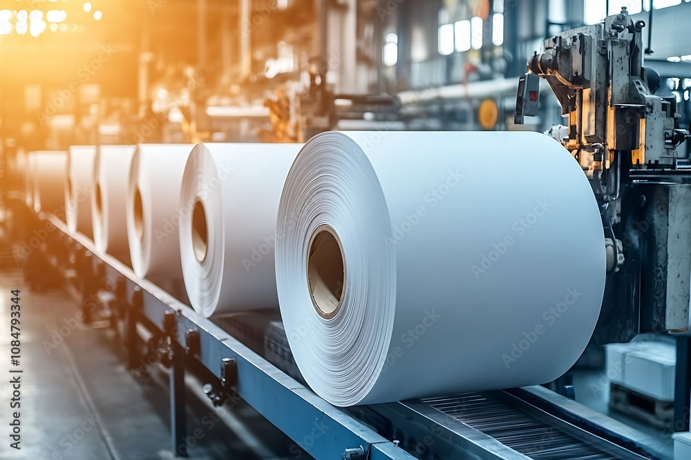 Large rolls of paper on a conveyor in a manufacturing facility. Large rolls of paper on a conveyor in a manufacturing facility.