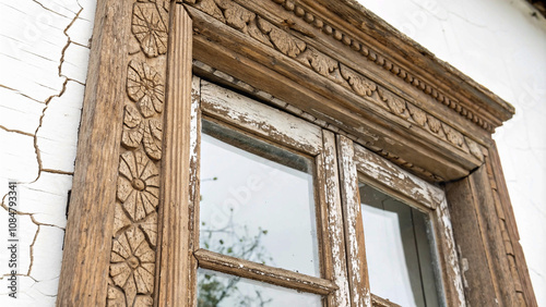 window of an building.Close-Up of a Weathered Wooden Window Frame with Cracked Paint on a Pure White Background