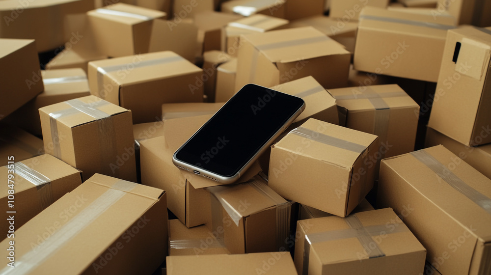A smartphone rests on top of stacked cardboard boxes awaiting delivery in a warehouse setting A smartphone rests on top of stacked cardboard boxes awaiting delivery in a warehouse setting