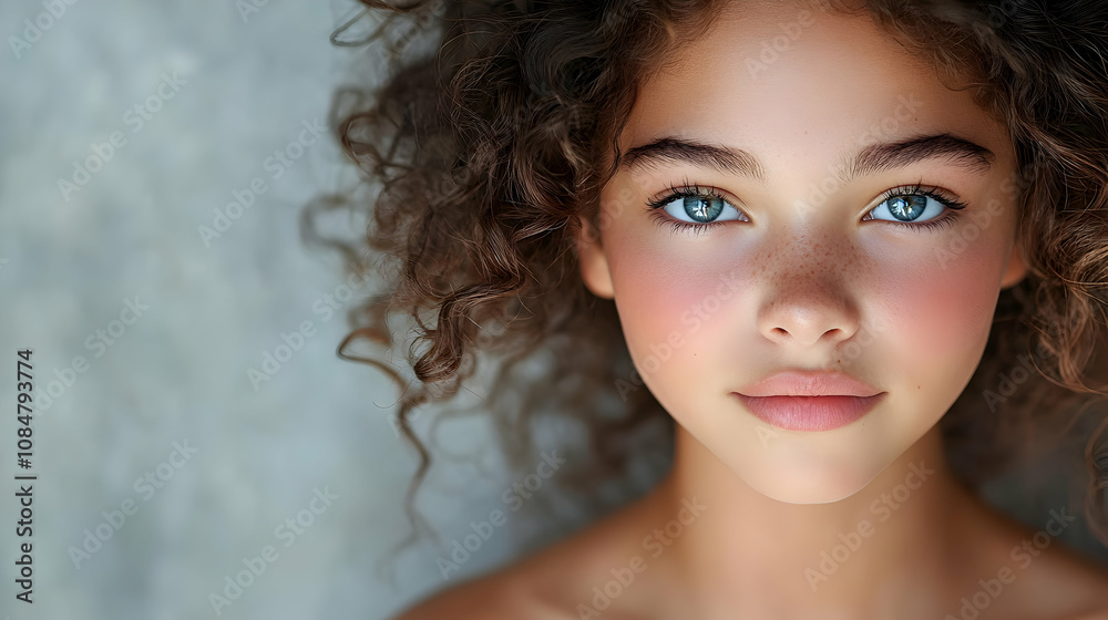 Close-up Portrait of a Young Woman with Curly Brown Hair and Blue Eyes, Freckles, and Rosy Cheeks, Looking Directly at the Camera. Close-up Portrait of a Young Woman with Curly Brown Hair and Blue Eyes, Freckles, and Rosy Cheeks, Looking Directly at the Camera.