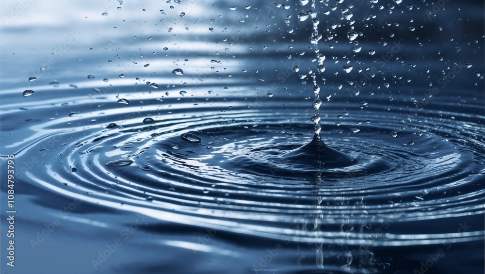 One Water Droplet Falling on Deep Blue Surface Creating Beautiful Ripples Photo One Water Droplet Falling on Deep Blue Surface Creating Beautiful Ripples Photo