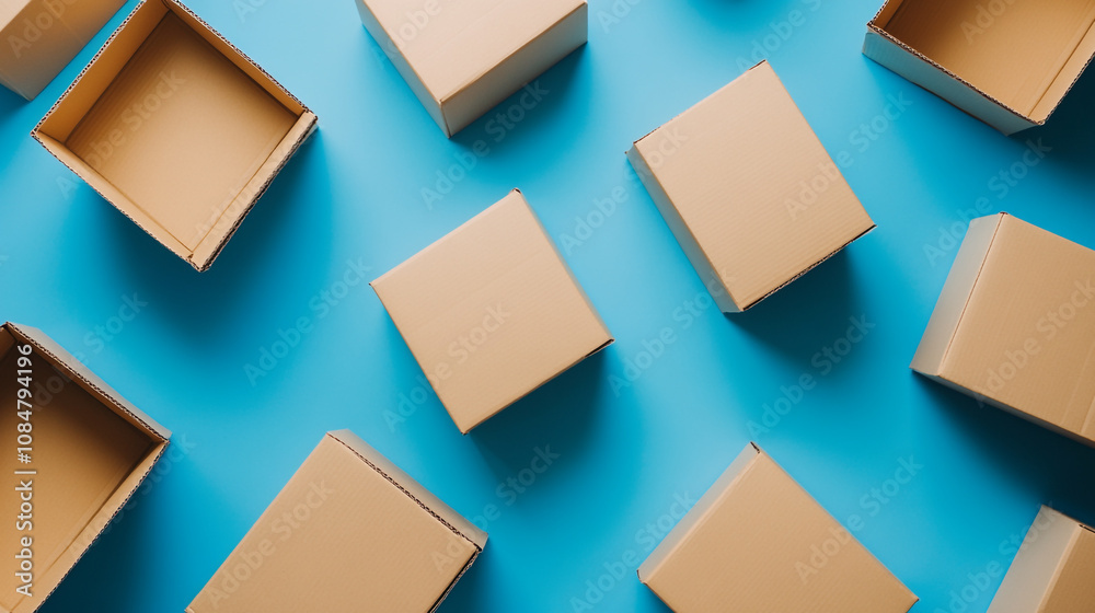 Flat lay of empty cardboard boxes arranged on a vibrant blue surface during daylight hours Flat lay of empty cardboard boxes arranged on a vibrant blue surface during daylight hours