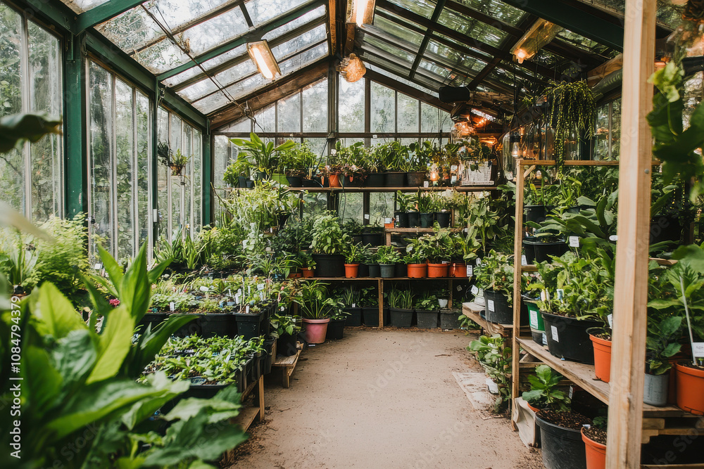 A vibrant greenhouse filled with various potted plants and greenery. A vibrant greenhouse filled with various potted plants and greenery.
