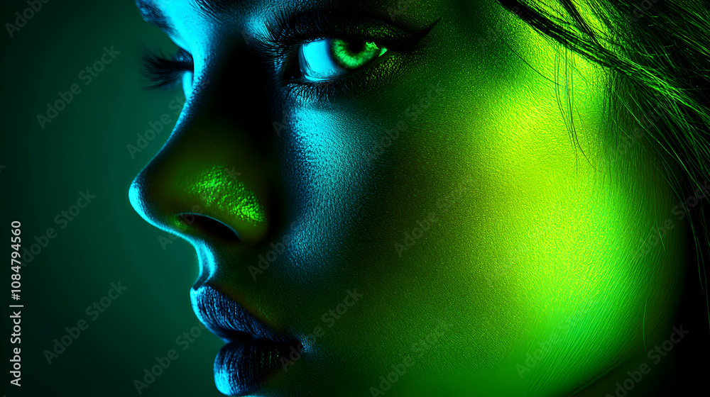 Close-up Profile of a Woman's Face Illuminated with Vivid Green and Blue Light, Creating an Abstract, Textured Effect Close-up Profile of a Woman's Face Illuminated with Vivid Green and Blue Light, Creating an Abstract, Textured Effect