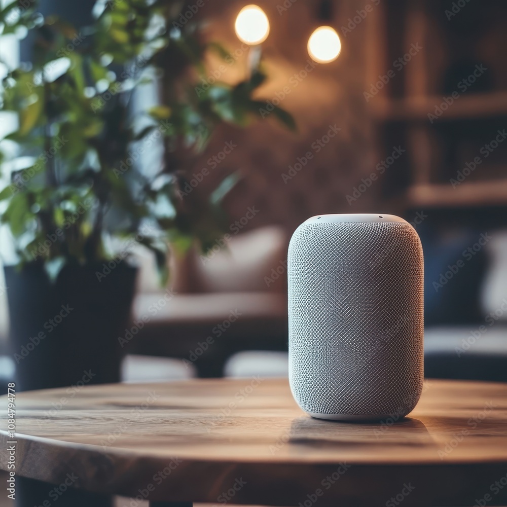 Modern and Stylish Smart Speaker on a Wooden Table with Indoor Plant in a Cozy Living Room Environment, Showcasing Technology and Comfort Modern and Stylish Smart Speaker on a Wooden Table with Indoor Plant in a Cozy Living Room Environment, Showcasing Technology and Comfort