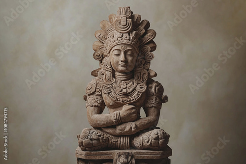 A mayan worship statue against a neutral backdrop, capturing intricate details.