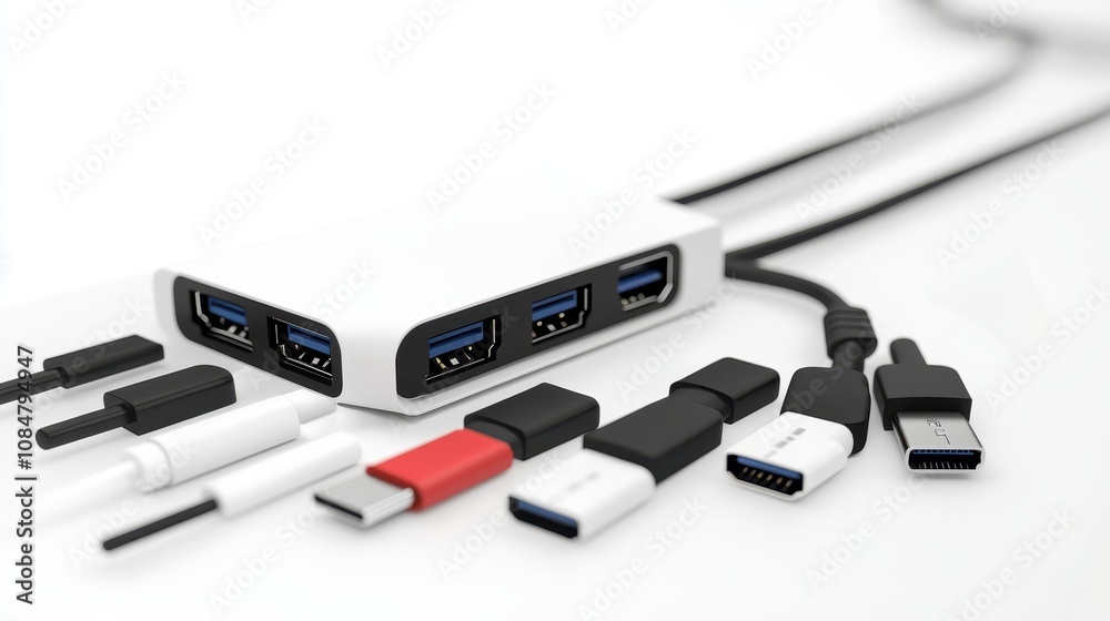 Various USB Cables and Ports Arranged Neatly with a Hub on a Clean White Background Representing Modern Technology and Connectivity Solutions Various USB Cables and Ports Arranged Neatly with a Hub on a Clean White Background Representing Modern Technology and Connectivity Solutions