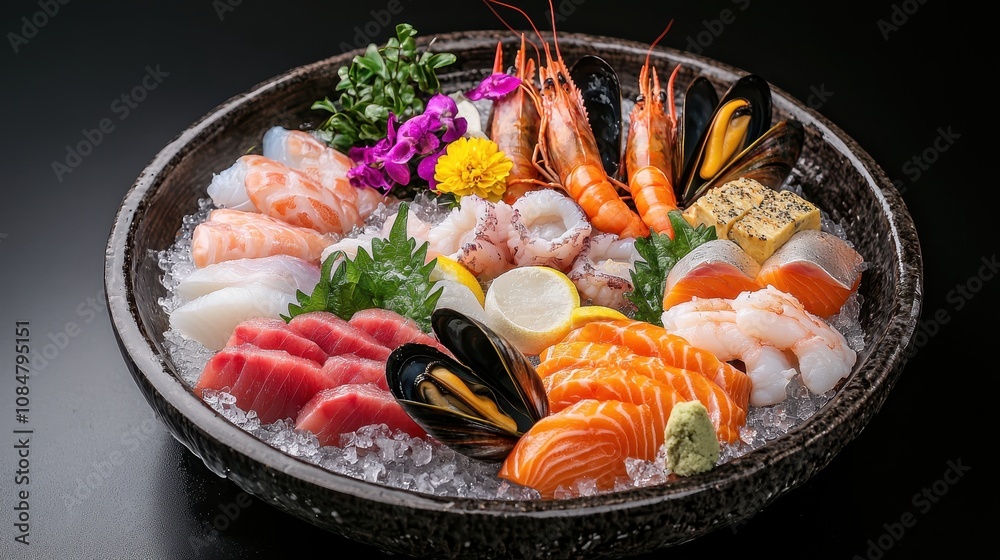 Fresh Sushi Platter with Variety of Seafood on Ice, Featuring Sashimi, Shrimp, Tuna, Salmon, and Garnishes for a Stunning Culinary Presentation Fresh Sushi Platter with Variety of Seafood on Ice, Featuring Sashimi, Shrimp, Tuna, Salmon, and Garnishes for a Stunning Culinary Presentation