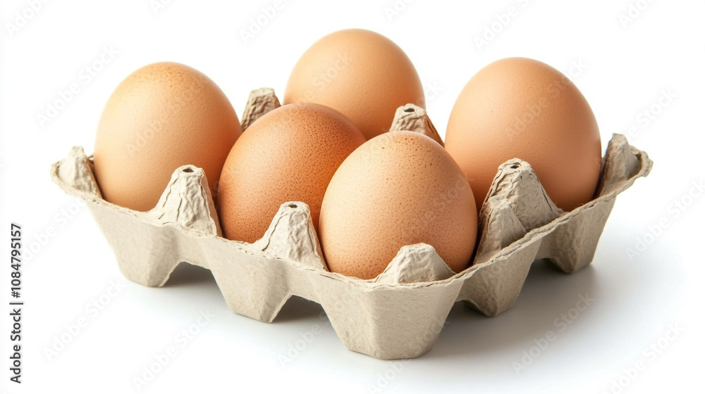 Fresh eggs arranged in a natural carton displayed on a clean surface in a bright setting Fresh eggs arranged in a natural carton displayed on a clean surface in a bright setting