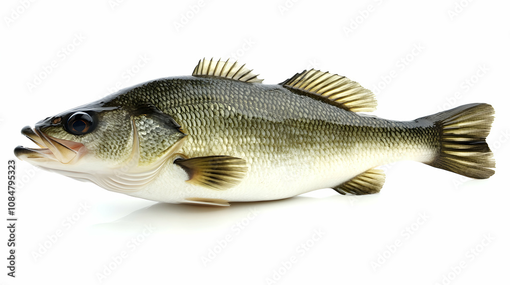 Detailed Close-up of a Freshly Caught Bass Fish on White Background, Showing its Scales and Fins. Detailed Close-up of a Freshly Caught Bass Fish on White Background, Showing its Scales and Fins.