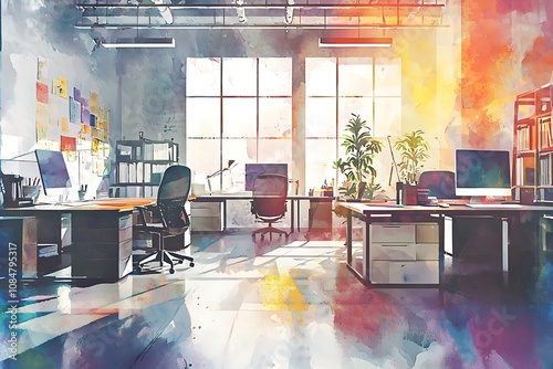 Modern office interior with animated cartoon or anime watercolor painting style, suitable for seamless looping virtual video animation background.