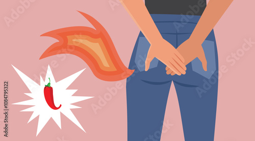 Person Eating Spicy Food Having Digestive Problems Vector Illustration. Girl eating something that caused side effects such as gas and diarrhea
