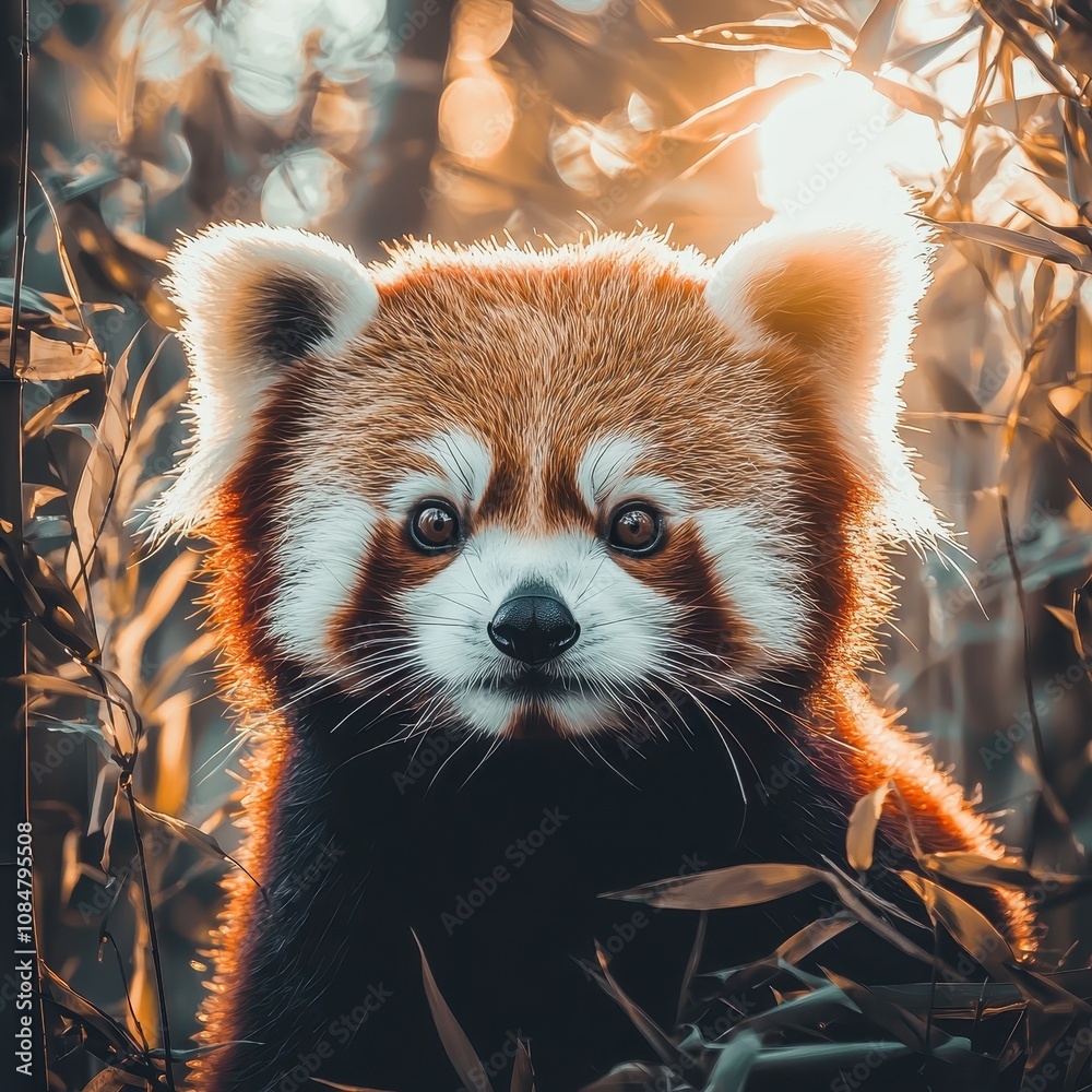 Fototapeta premium Enchanting Red Panda Surrounded by Lush Greenery in a Warm Sunset, Showcasing its Vibrant Fur and Expressive Eyes, Perfect for Wildlife and Nature Enthusiasts