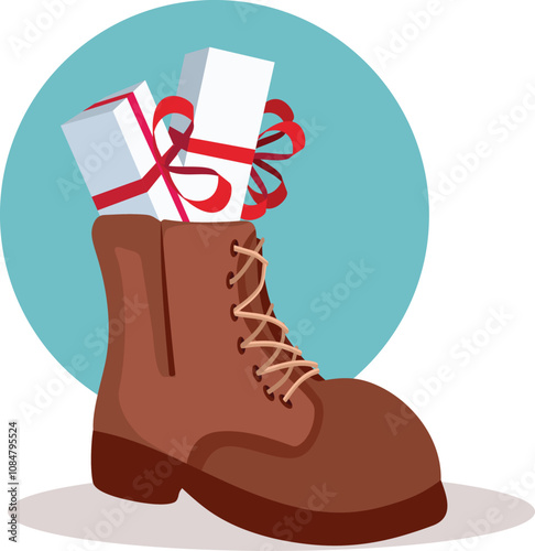 Saint Nicholas Presents in a Boot Vector Illustration Holidays Design. Holidays footwear full of presents for the little kids 
