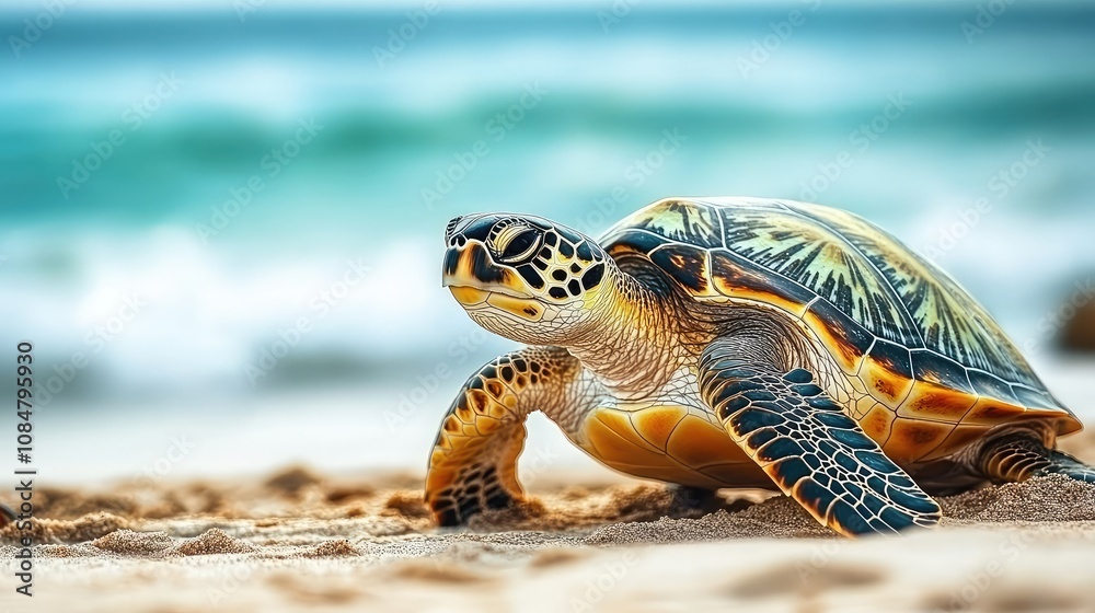 Fototapeta premium Serene Sea Turtle Crawling on the Sandy Beach with Gentle Waves in the Background Creating a Tranquil Coastal Atmosphere for Nature Lovers
