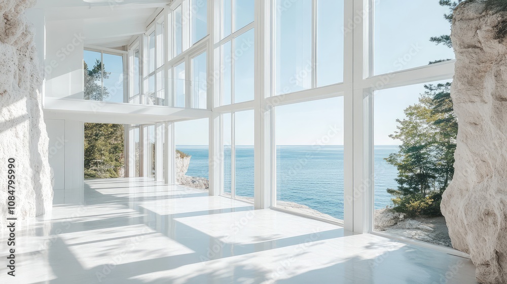 Modern Architectural Interior with Panoramic Ocean Views and Natural Light in Serene Coastal Setting, Ideal for Wellness Retreats and Contemporary Design Inspiration