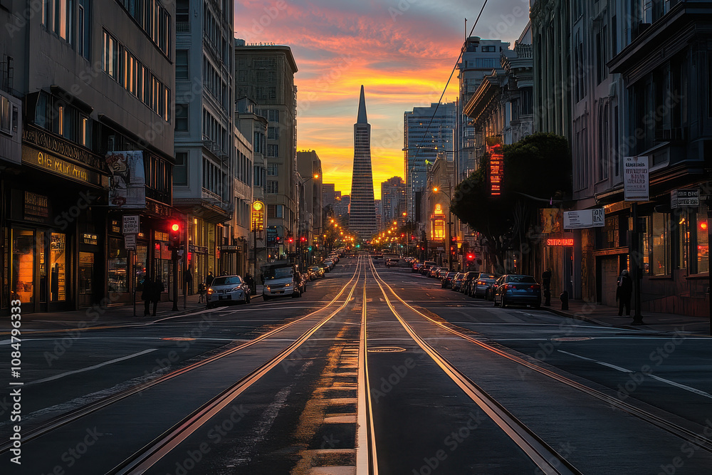 Fototapeta premium Urban street at sunset with tram tracks leading to a prominent building.