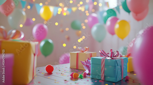 A wide shot of a party room with wrapped gifts on a table, bright banners, and a playful background of balloons and sparkles 