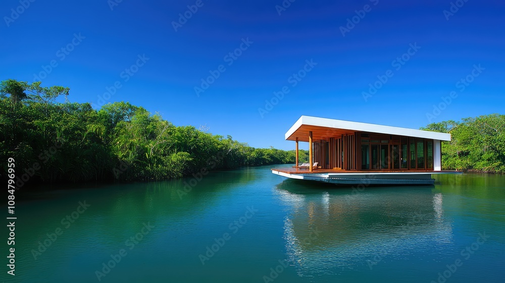 Obraz premium Modern Floating House on Tranquil Waterway Surrounded by Lush Greenery Under Clear Blue Sky, Ideal for Serenity and Nature Escape in Luxury Living