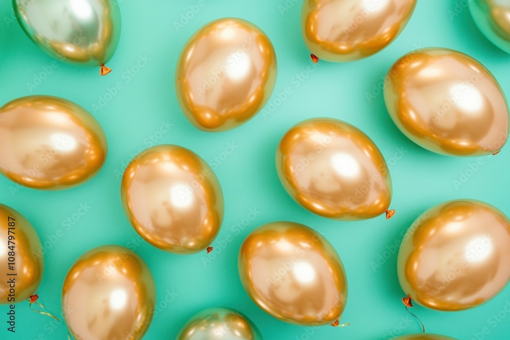 Gold balloons on a teal background, ideal for celebrations, parties, or festive events The shiny surface adds elegance and charm to any occasion Perfect for invitations